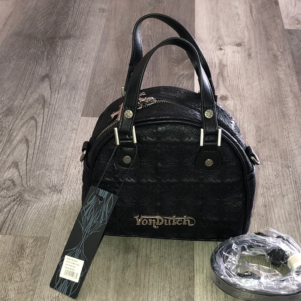 Von Dutch Black Embroidered Chopper Cross Monogram Bowling Bag + Strap NWT